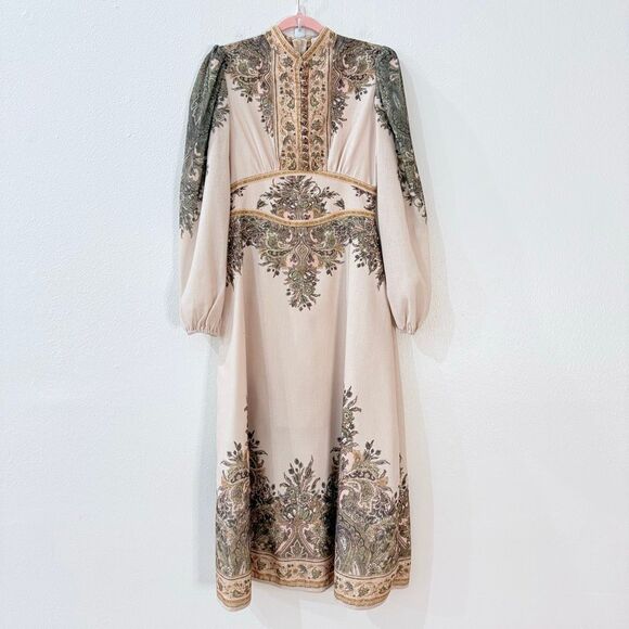 Zimmermann Natura Linen Paisley Buttoned Midi-Dress Cream and Green tag sz  1 - thefunkyskunk.ie